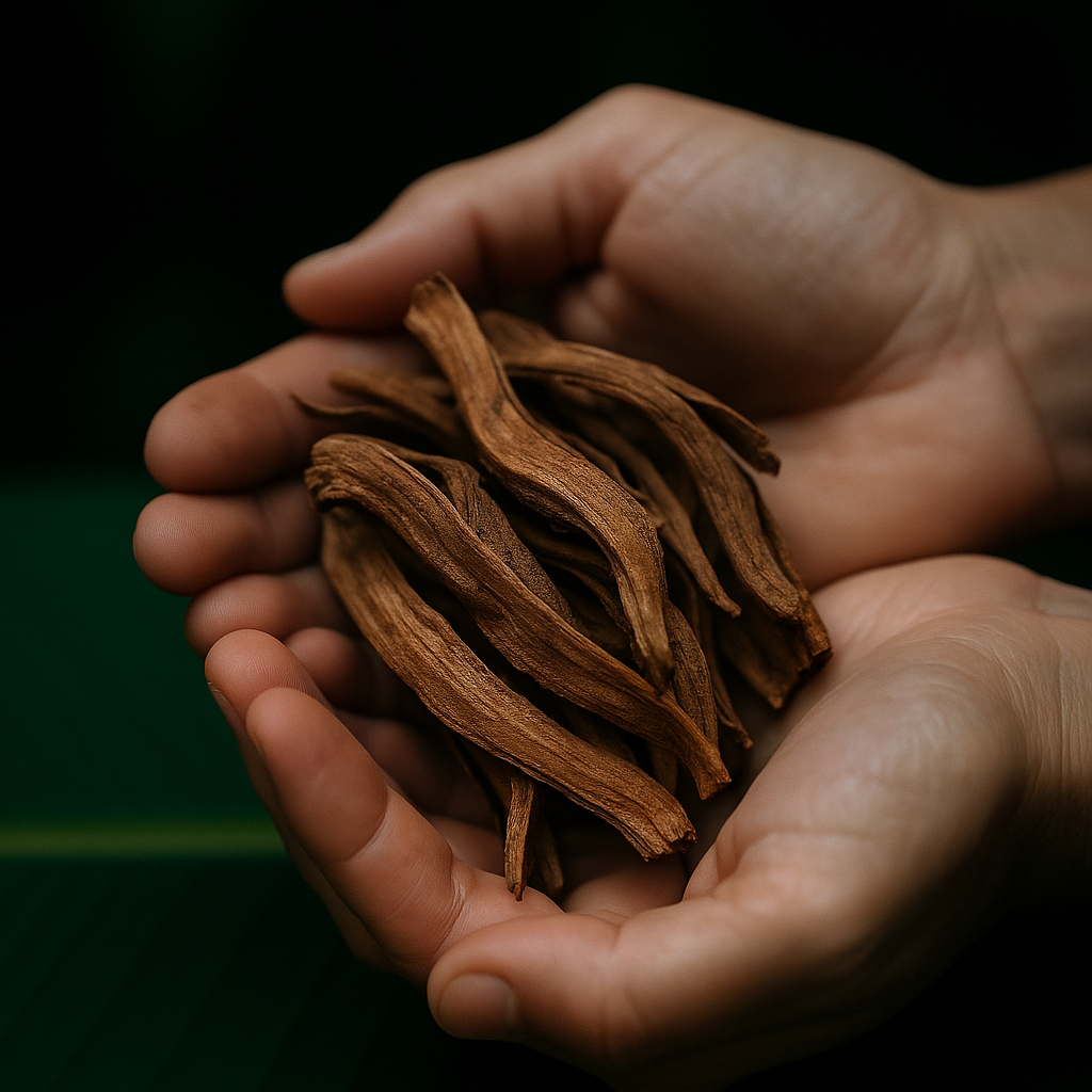 A person holding a small amount of Cat's Claw, also known as Uña de Gato, a traditional medicinal plant.